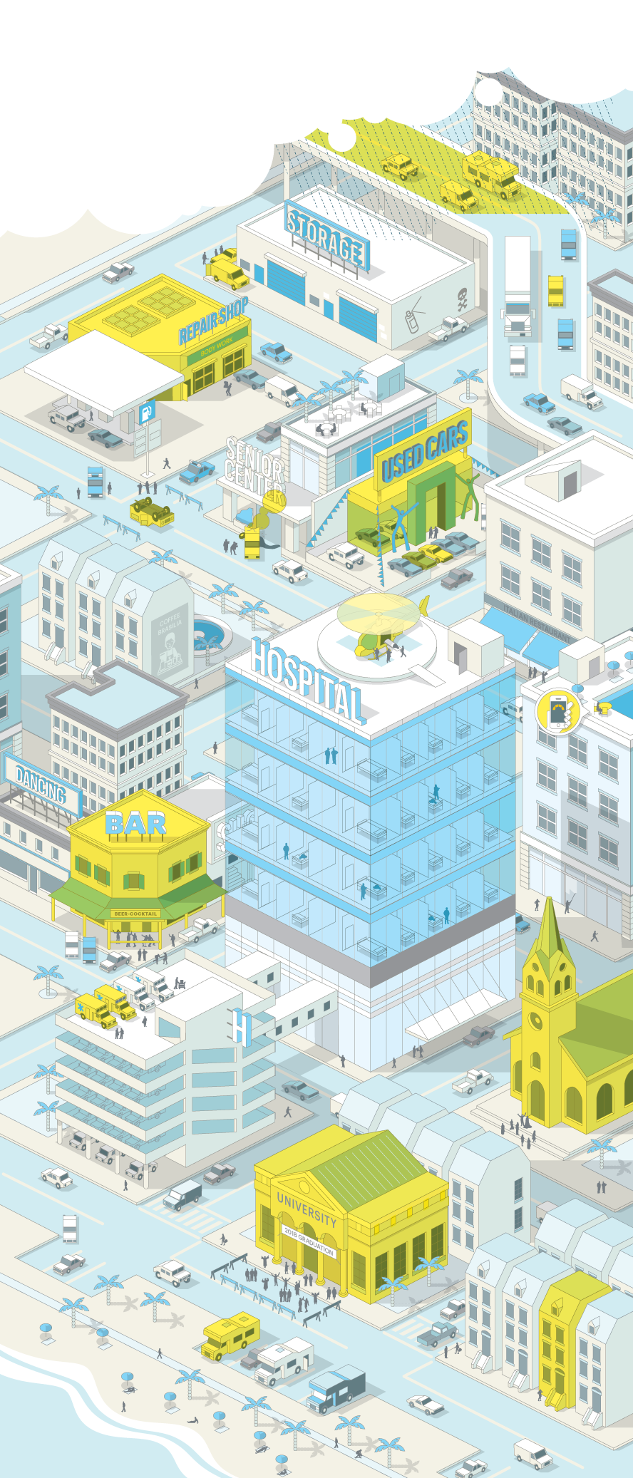Infographic shows an isometric urban landscape, highlights factors that affect insurance prices
