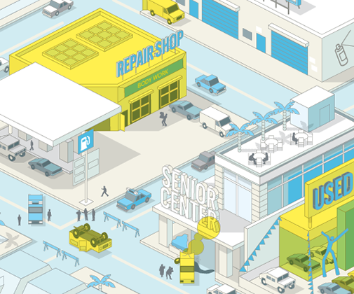 Infographic shows an isometric urban landscape, highlights factors that affect insurance prices